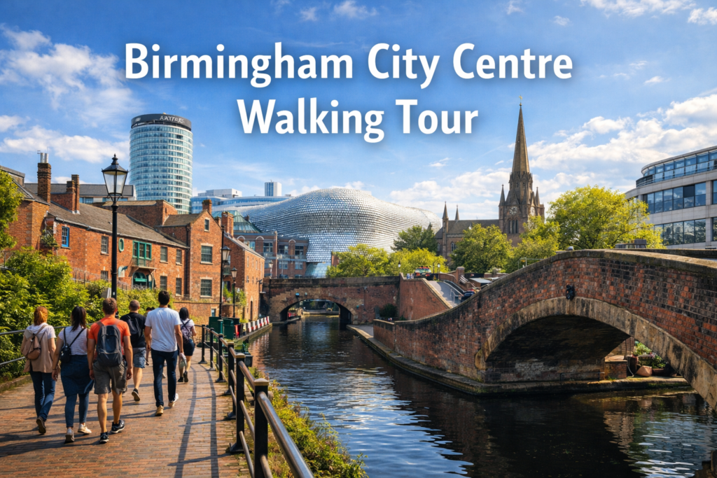 Birmingham City Centre skyline with canals, modern buildings, and historic architecture under bright daylight, captured for a Birmingham City Centre Walking Tour.