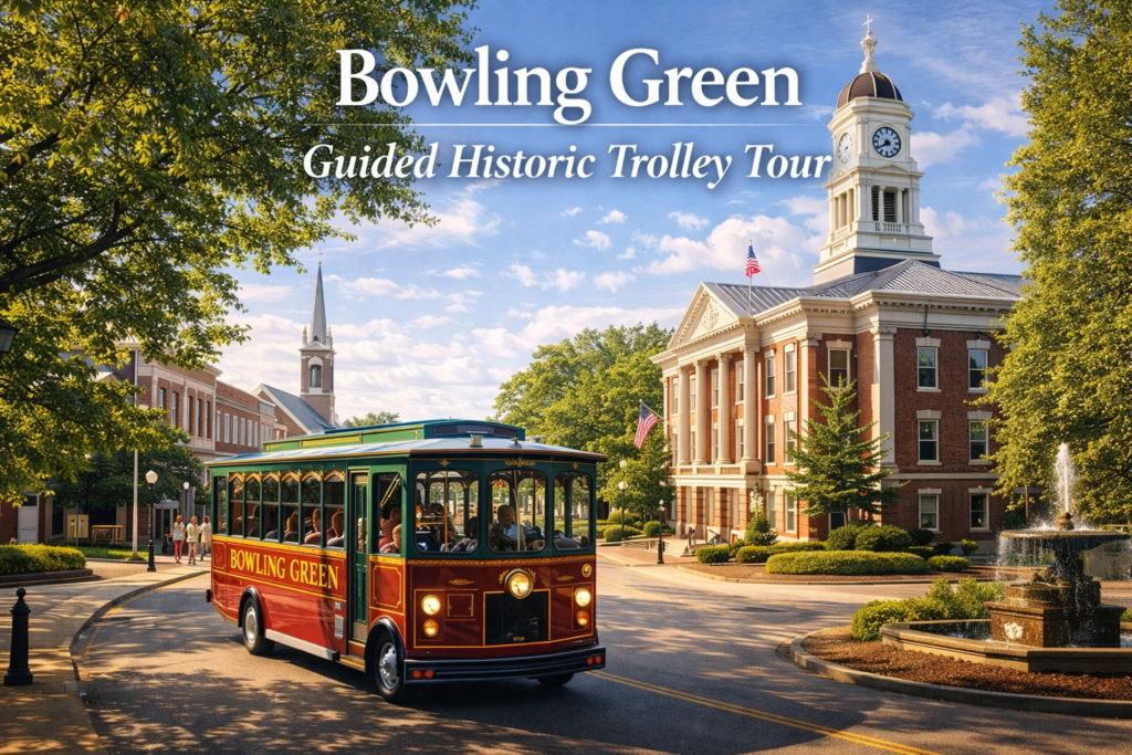 Bowling Green guided historic trolley tour passing downtown landmarks and courthouse under bright daylight in Kentucky