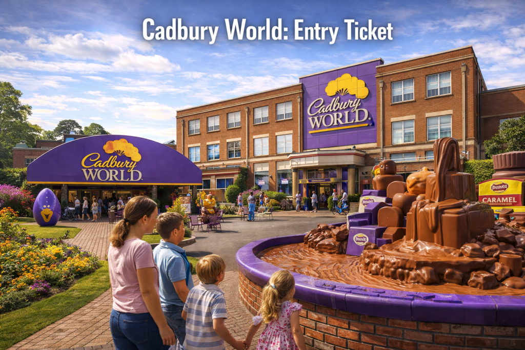 High-resolution digital photograph of Cadbury World in Birmingham, showcasing its iconic chocolate-themed architecture, lush greenery, and playful outdoor areas under bright daylight, with bold “Cadbury World” text overlay at the top.