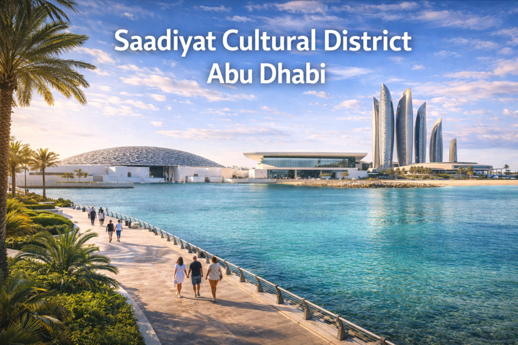 Wide panoramic daytime view of Saadiyat Cultural District Abu Dhabi featuring the Louvre Abu Dhabi dome, modern cultural buildings, palm-lined waterfront promenade, turquoise sea, and visitors walking under bright natural daylight.