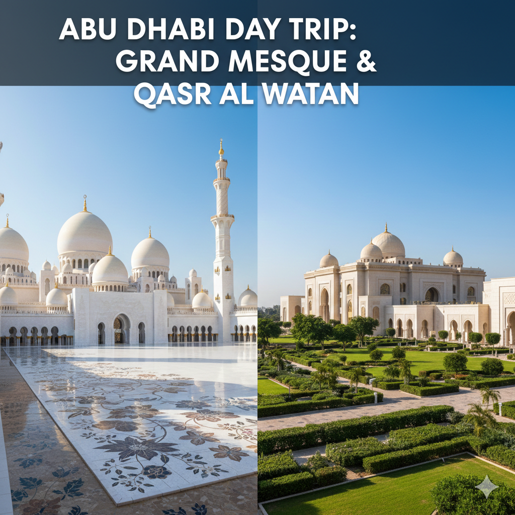Sheikh Zayed Grand Mosque and Qasr Al Watan Palace in Abu Dhabi captured during a day trip from Dubai, showcasing white marble architecture, grand domes, reflective pools, and the majestic Palace of the Nation under bright daylight.
