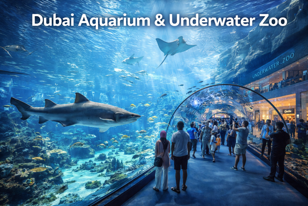 Dubai Aquarium and Underwater Zoo inside Dubai Mall showcasing a massive glass tunnel with sharks and rays swimming overhead, captured in bright cinematic daylight.