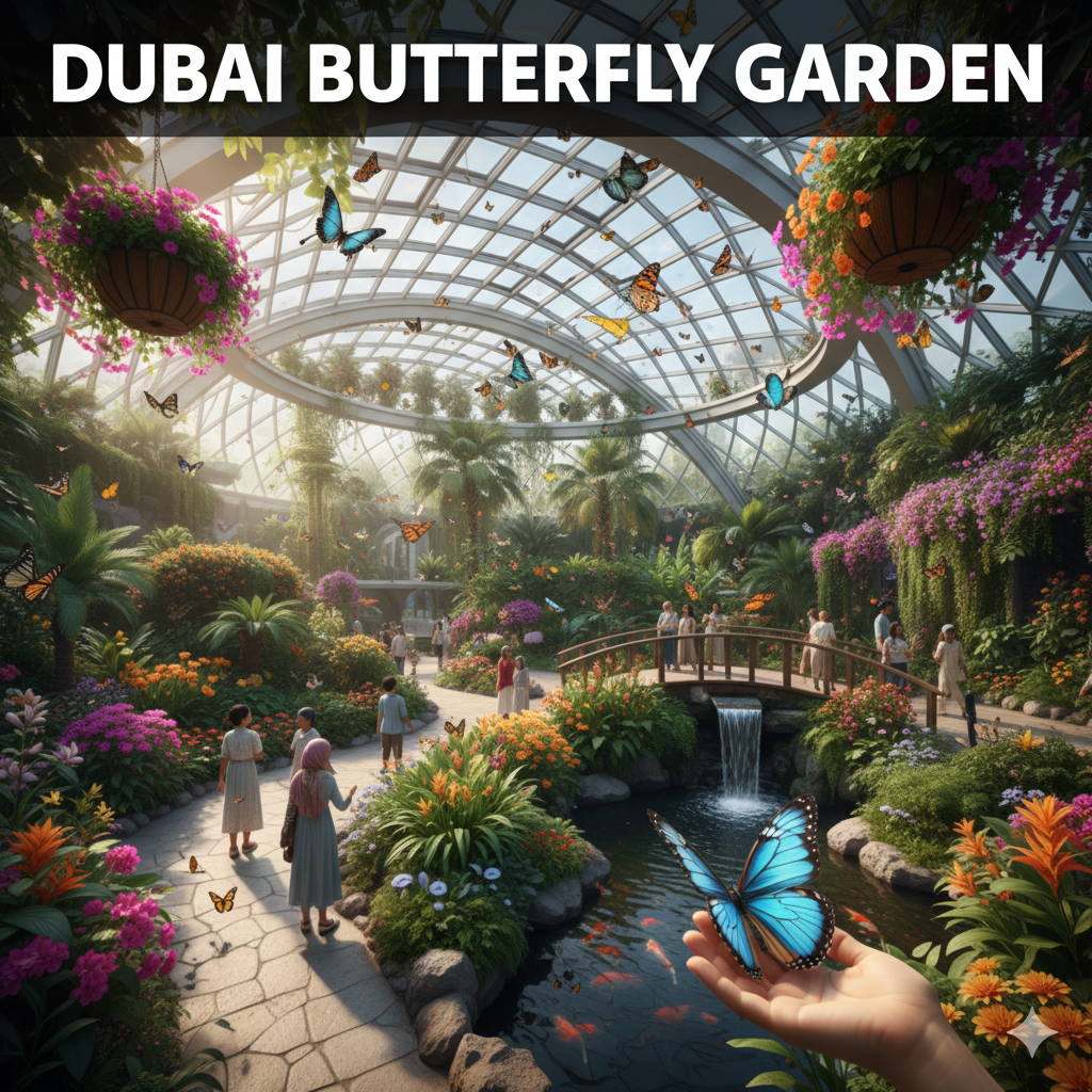 Dubai Butterfly Garden indoor attraction with colorful butterflies flying freely inside climate controlled domes in Dubai