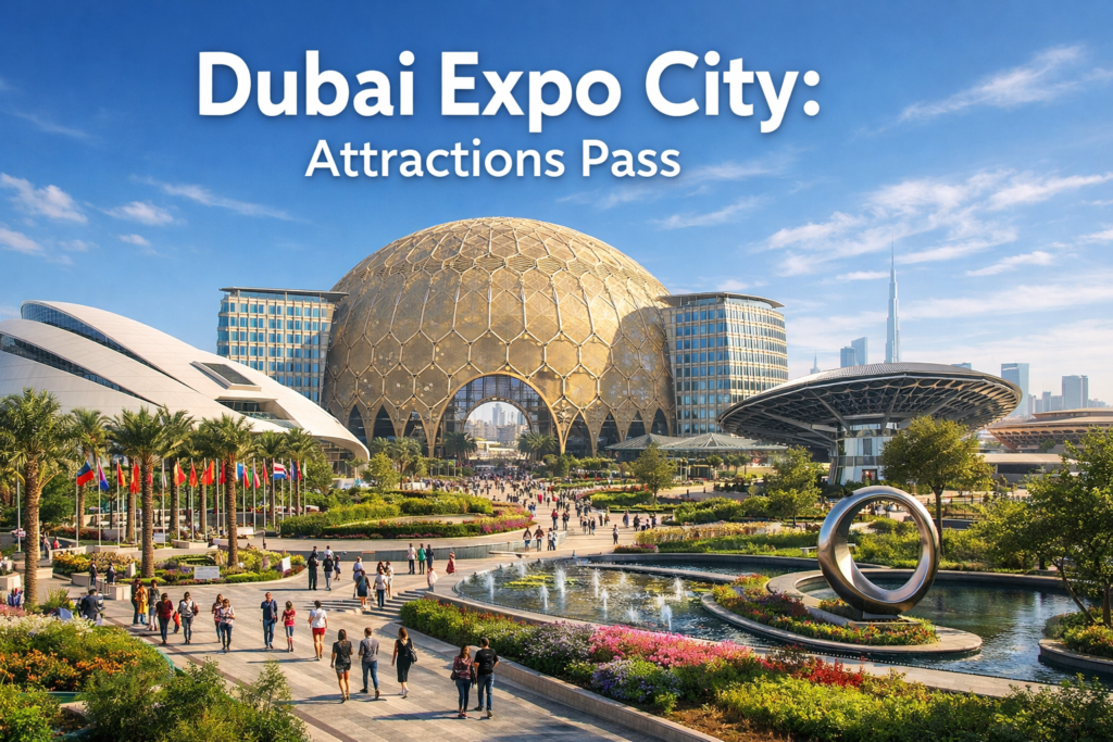 Dubai Expo City attractions pass view featuring Al Wasl Plaza dome futuristic pavilions landscaped walkways and modern architecture under bright daylight