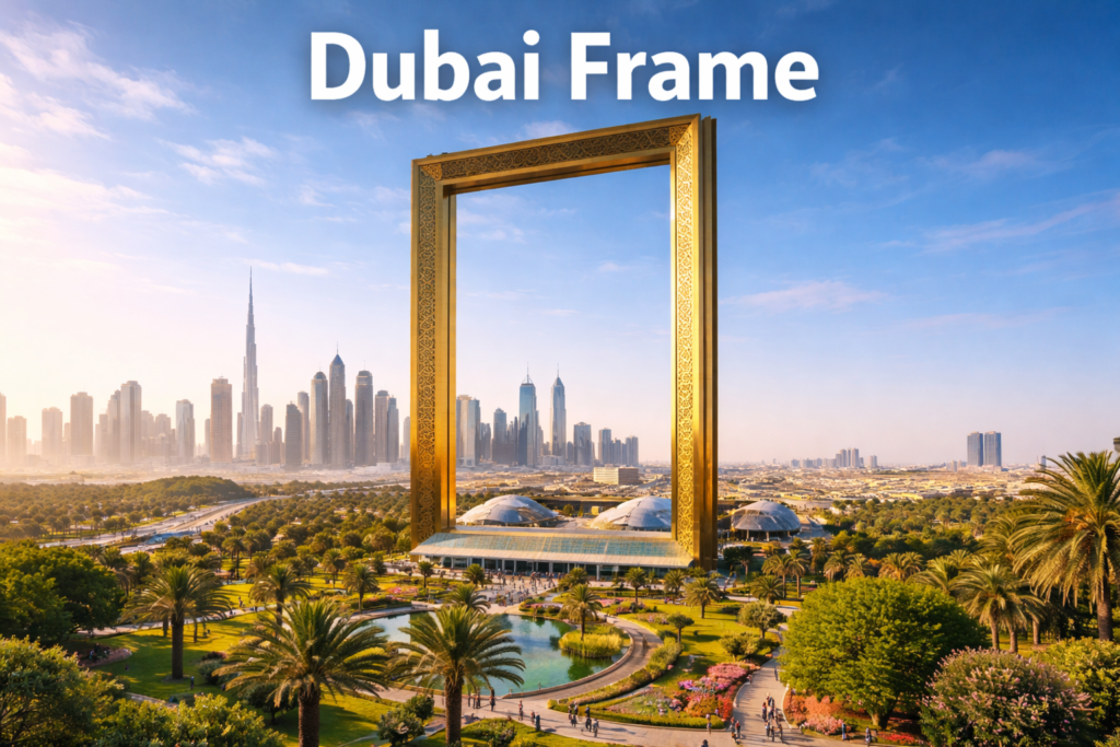 Dubai Frame skydeck with panoramic views of Old and New Dubai featuring the iconic golden frame structure glass floor bridge and modern city skyline in daylight