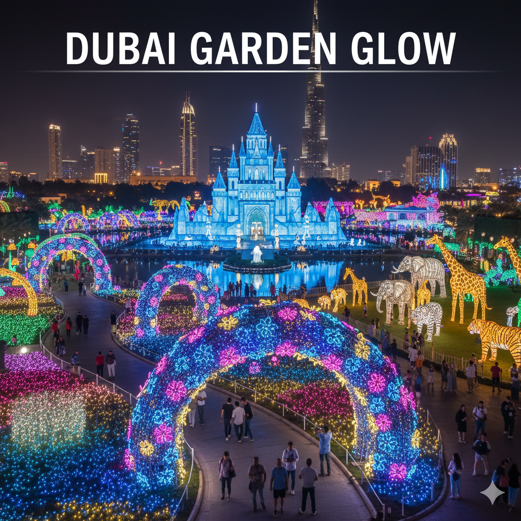 Dubai Garden Glow illuminated night park in Zabeel Park with colorful LED light sculptures glowing after sunset in Dubai