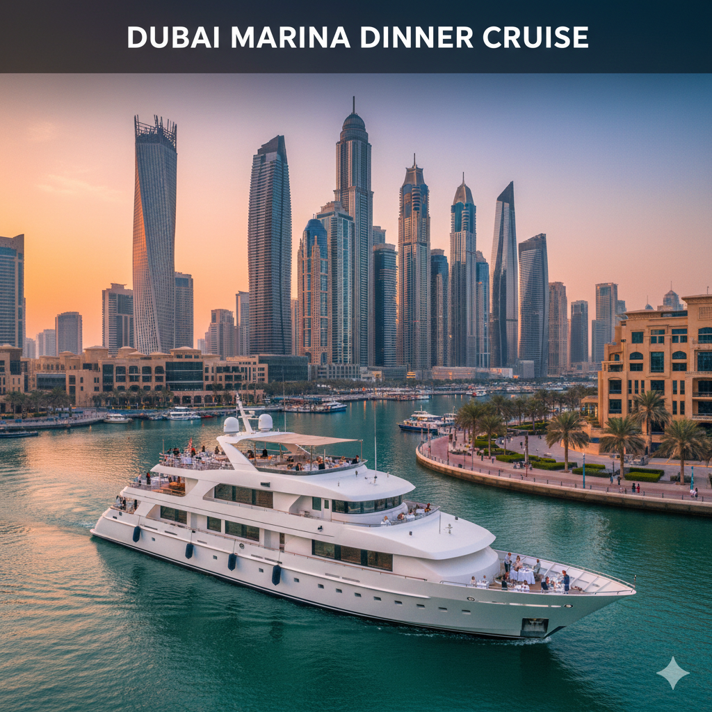 Luxury Lotus Megayacht dinner cruise sailing through Dubai Marina at night with illuminated skyline, Ain Dubai views, and guests enjoying an elegant evening dining experience.