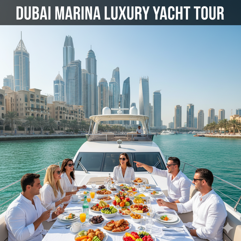 Luxury yacht sailing through Dubai Marina with guests enjoying breakfast and BBQ, stunning skyline, and sunset reflections on water