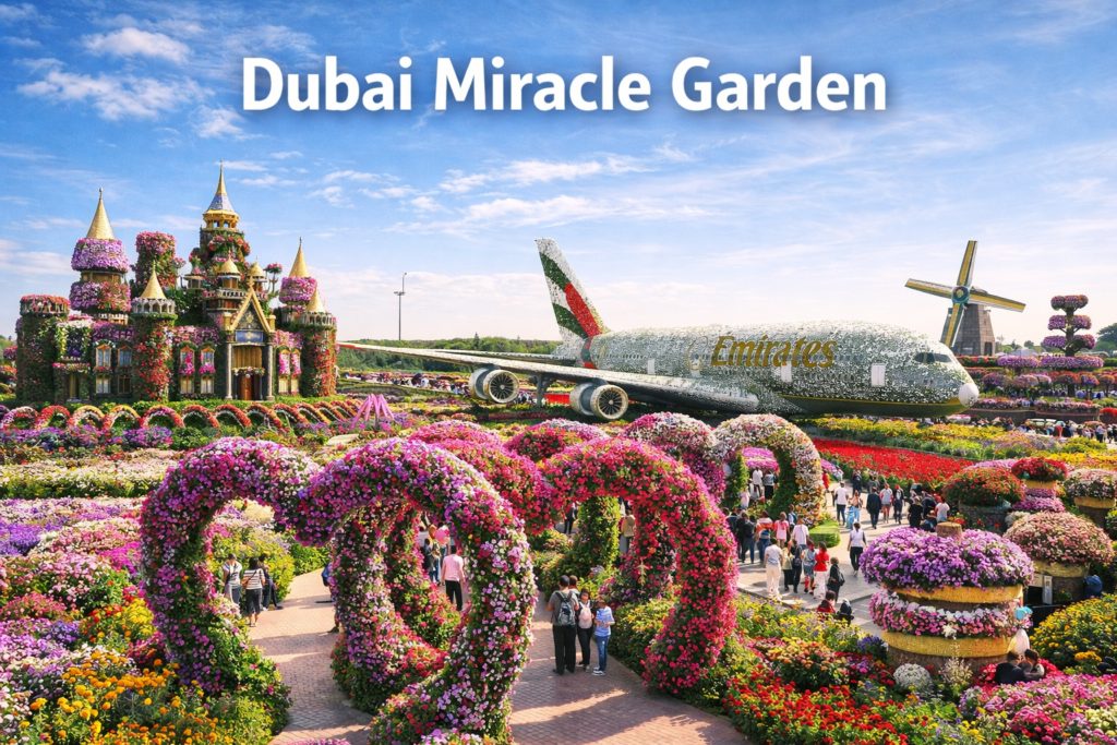 Dubai Miracle Garden in Dubai featuring vibrant floral sculptures colorful walkways and iconic flower installations under bright daylight