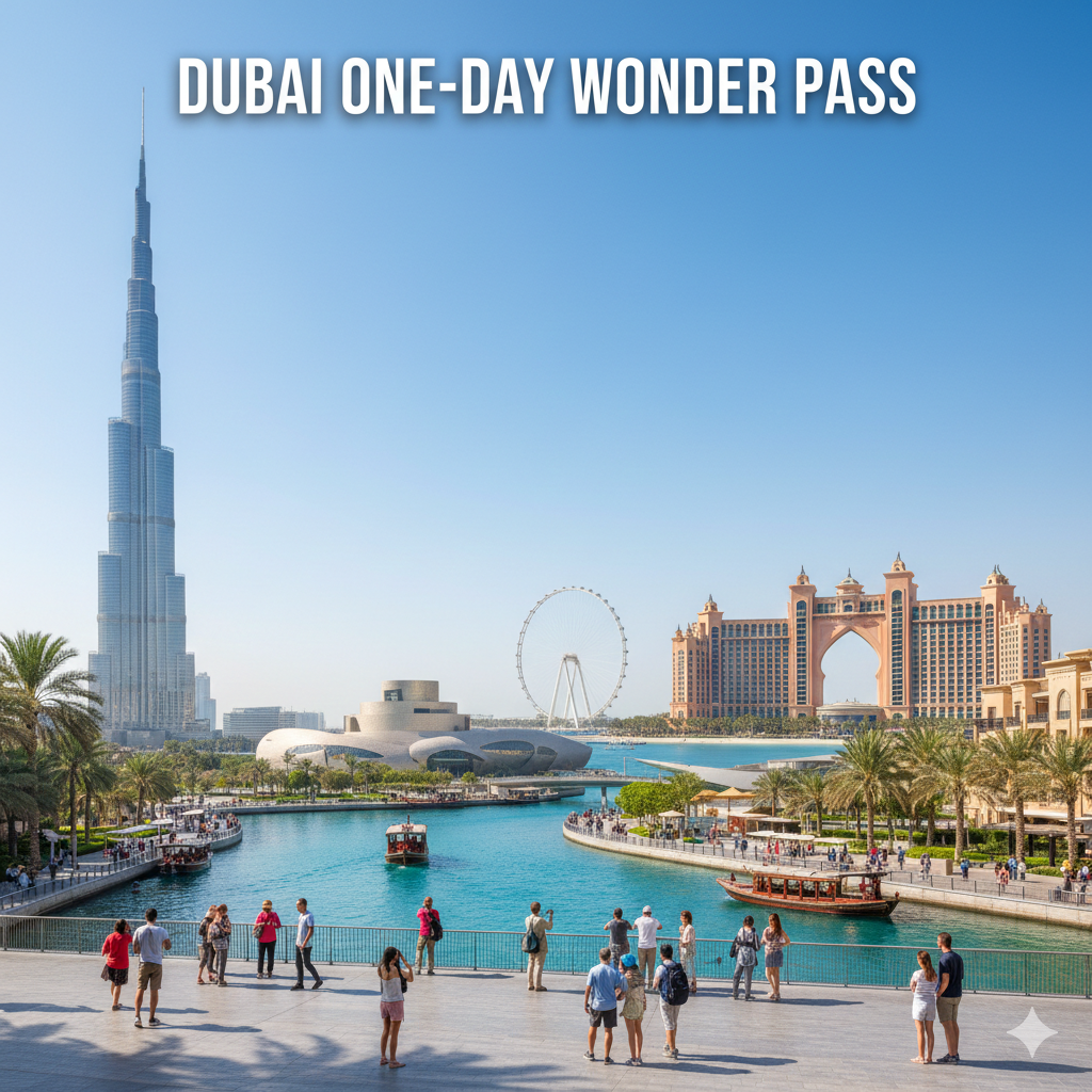 Dubai One-Day Wonder Pass showing Burj Khalifa, Dubai Frame, Dubai Aquarium and other top attractions.
