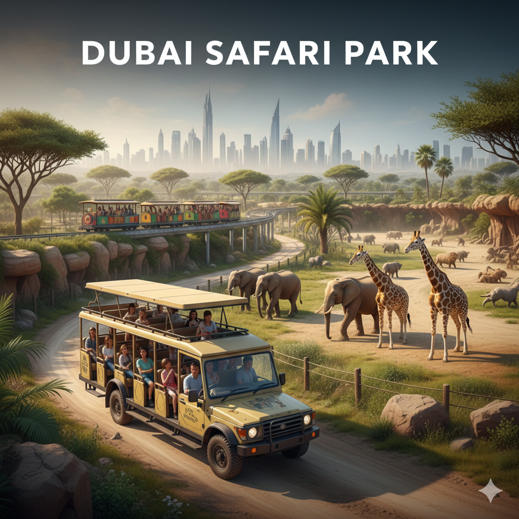 Dubai Safari Park wildlife safari with train ride and Explorer Safari tour, family-friendly adventure with lions, giraffes, and exotic animals in Dubai