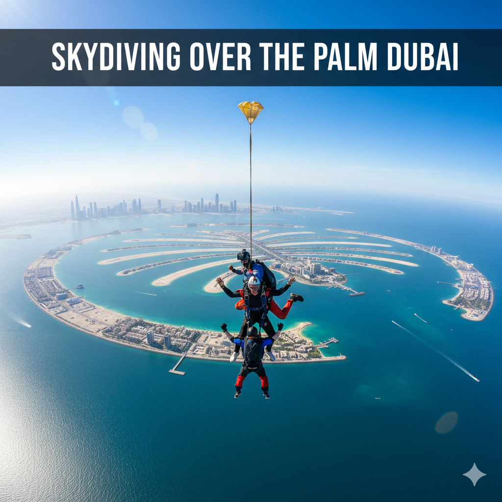 Tandem skydiving over Palm Jumeirah in Dubai with aerial views of the iconic palm shaped island, Dubai Marina skyline, and turquoise Arabian Gulf captured during freefall.