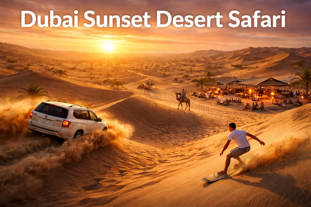 A stunning sunset desert safari in Dubai featuring golden sand dunes, a 4x4 vehicle performing dune bashing, a person sandboarding, a camel in the distance, and a desert camp with BBQ lights, captured in vibrant cinematic colors.