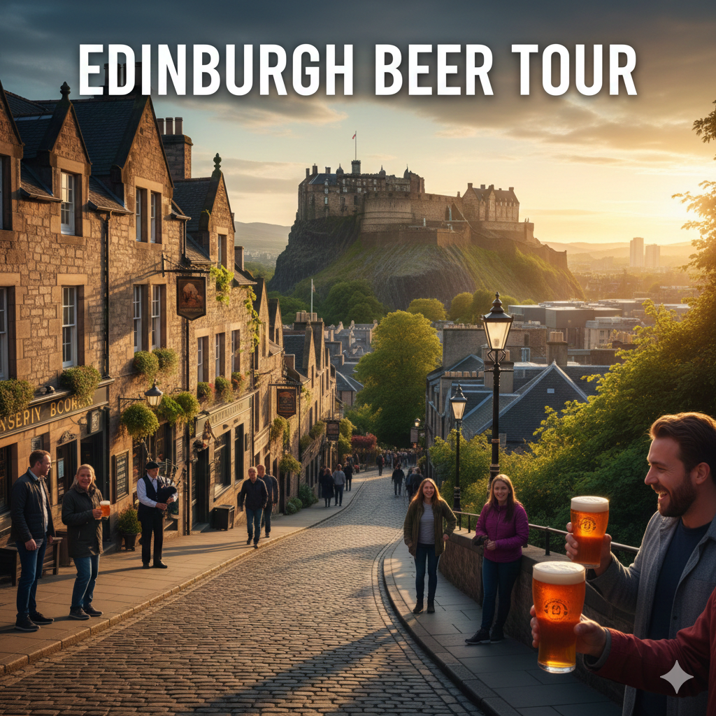A group of people enjoying craft beer on a cobblestone street in Edinburgh's Old Town, featuring Edinburgh Castle in the background under cinematic sunlight.