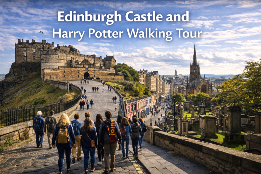 Edinburgh Castle overlooking the Royal Mile during a Harry Potter walking tour, with historic streets, Greyfriars Kirkyard, and Edinburgh cityscape under bright daylight