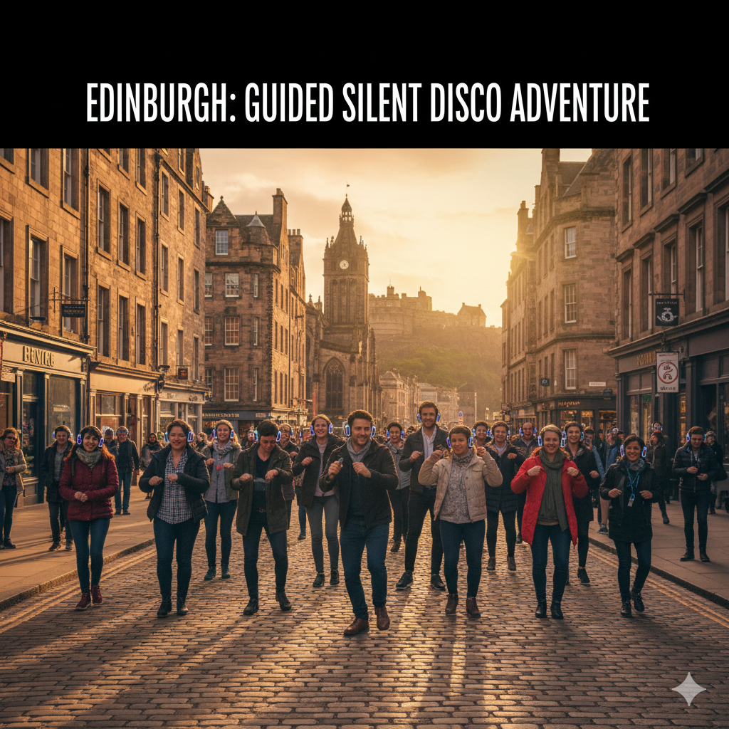 A happy group of tourists wearing glowing headphones and dancing on a historic Edinburgh street with the Scott Monument and Victorian architecture in the background.