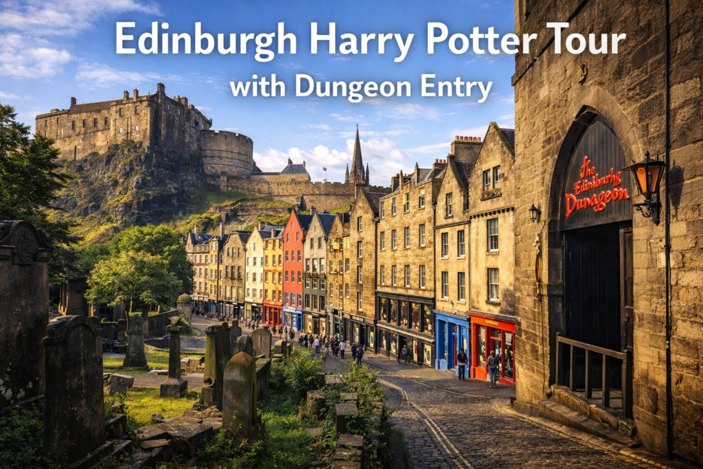 Edinburgh Harry Potter Sights Tour with Edinburgh Castle skyline, Victoria Street, and historic Old Town streets under bright daylight