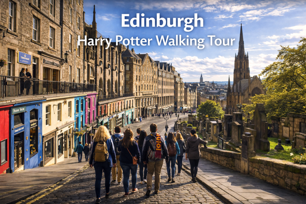 Edinburgh Harry Potter Walking Tour with historic Old Town streets, Victoria Street, and Edinburgh Castle under bright daylight