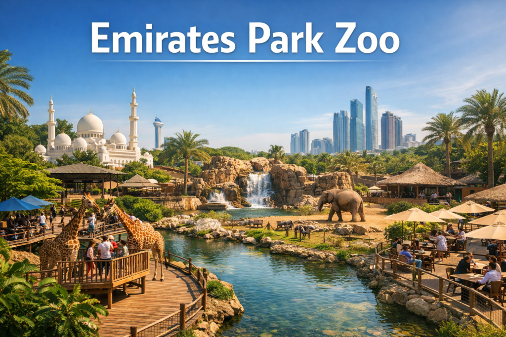 Emirates Park Zoo Abu Dhabi with giraffes elephants lush greenery scenic walkways and city skyline under bright daylight