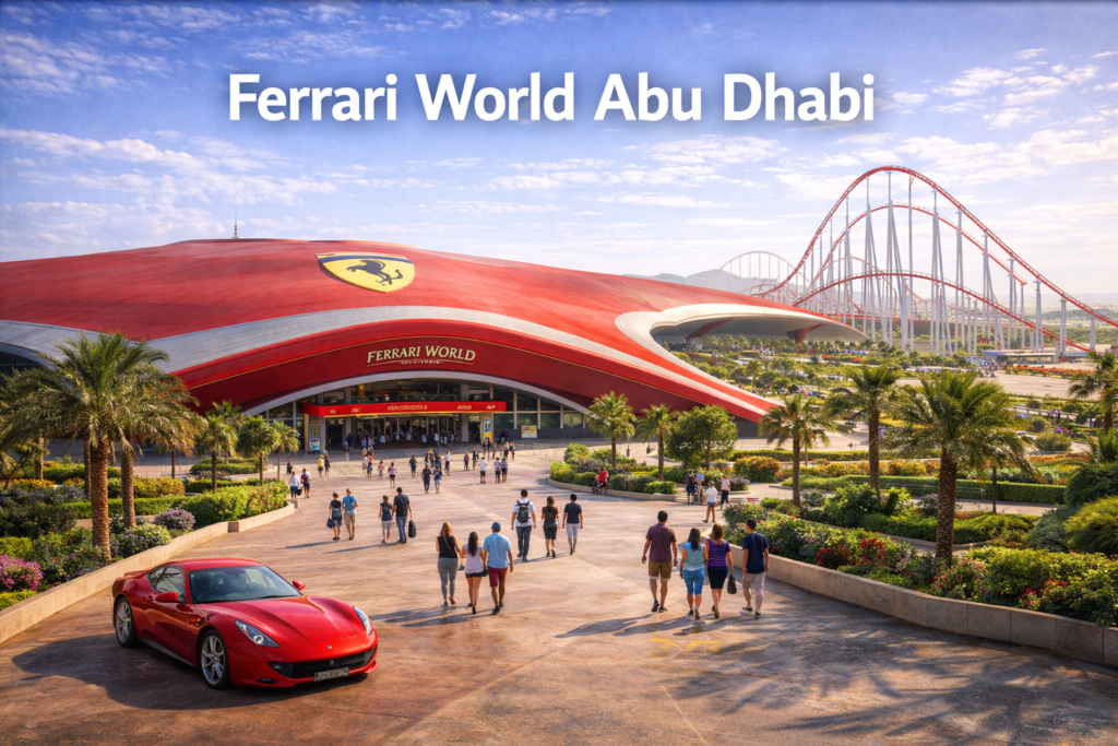 Wide panoramic daytime view of Ferrari World Abu Dhabi on Yas Island featuring the iconic red roof, Formula Rossa roller coaster track, modern architecture, palm-lined surroundings, and visitors exploring the world’s first Ferrari theme park.