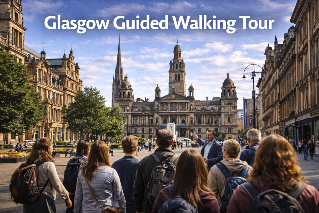 Guided walking tour in Glasgow city center with historic architecture streets and landmarks under soft daylight