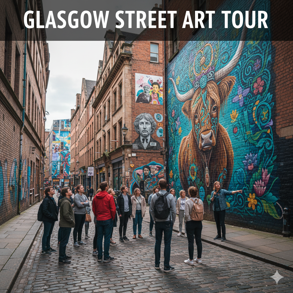 A vibrant, large-scale street art mural on a brick building in Glasgow's city center, featuring realistic portraiture and urban contemporary style under bright daylight.