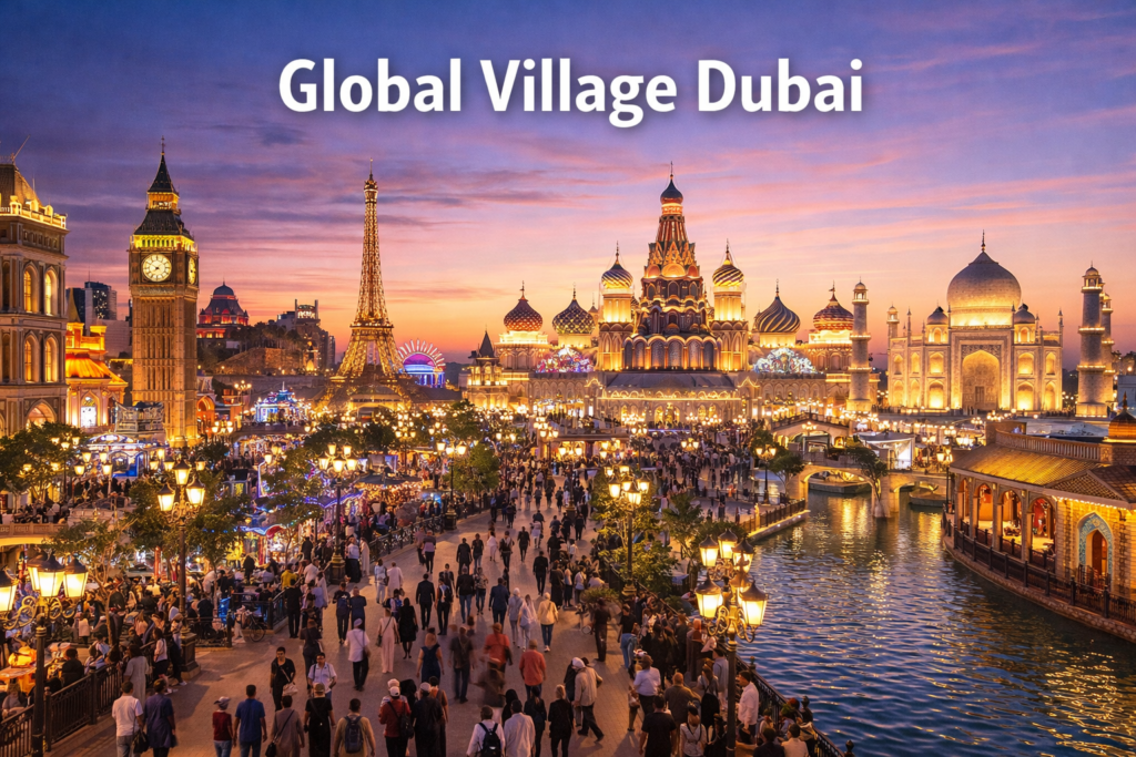Global Village Dubai illuminated at sunset with iconic country pavilions vibrant lights scenic waterways and crowds enjoying a multicultural festival atmosphere
