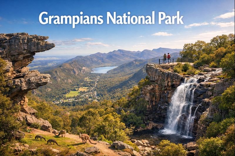 Grampians National Park scenic landscape with rugged mountain ranges, dramatic cliffs, flowing waterfall, lush valleys, and kangaroos under bright daylight, viewed from a panoramic lookout near Halls Gap, Victoria Australia.