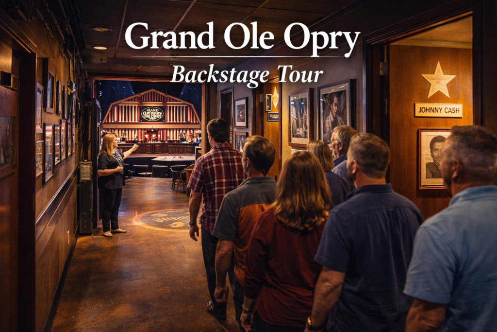Grand Ole Opry Backstage Tour showing visitors walking backstage past dressing rooms and stage entrance in Nashville