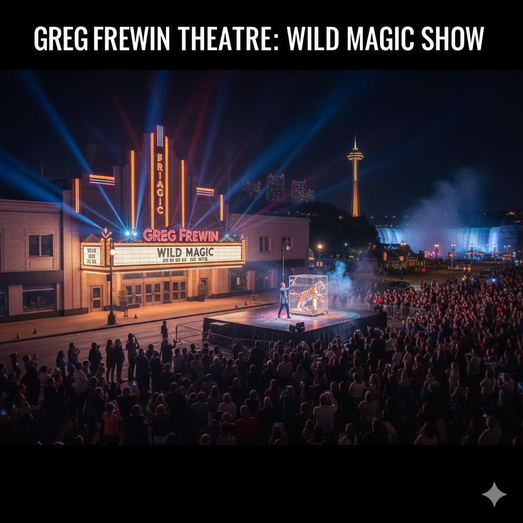 A cinematic wide-angle view of the Greg Frewin Theatre in Niagara Falls at night, featuring a "Wild Magic" marquee, outdoor stage performance with a tiger, and the illuminated Skylon Tower and Niagara Falls in the background.