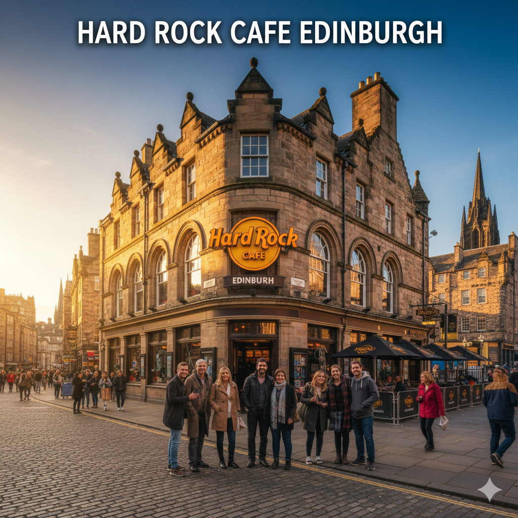 The exterior of Hard Rock Cafe Edinburgh on George Street, featuring its classic stone architecture, neon signage, and vibrant city street atmosphere during a bright day.
