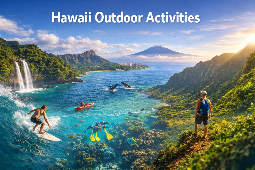 Hawaii outdoor activities featuring surfing, snorkeling, kayaking, hiking, waterfalls, and whale watching with lush mountains and turquoise ocean under bright tropical daylight.