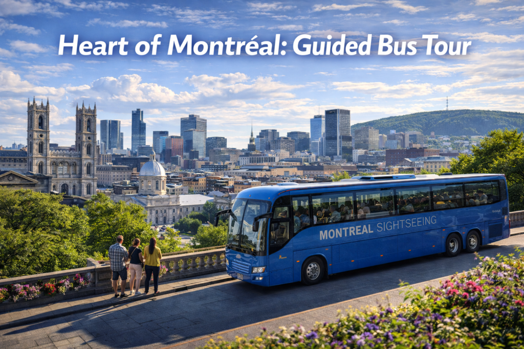 A vibrant, cinematic view of Old Montréal with a guided tour bus on cobblestone streets, surrounded by historic buildings, greenery, and city skyline under bright daylight, showcasing tourists enjoying the sightseeing experience.