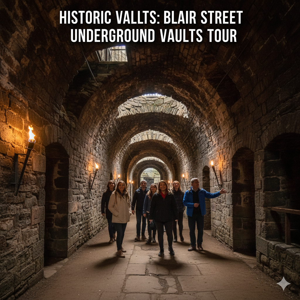 A cinematic view of the atmospheric stone arches and dimly lit corridors of the Blair Street Underground Vaults in Edinburgh, Scotland.