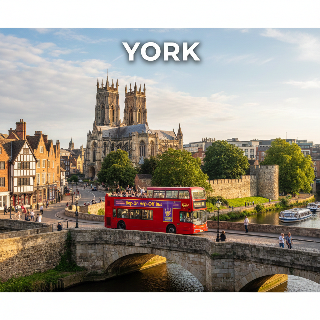 Hop-On Hop-Off sightseeing bus in York passing historic city walls and York Minster on a sunny day