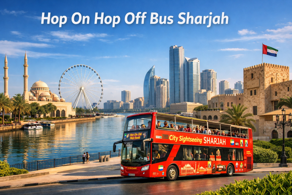 Hop on Hop off sightseeing bus in Sharjah passing Al Noor Mosque and waterfront skyline under bright daylight with city landmarks and palm trees