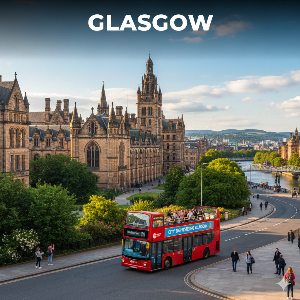 A red open-top hop-on hop-off tour bus driving past the historic Kelvingrove Art Gallery and Museum in Glasgow under a bright blue sky.