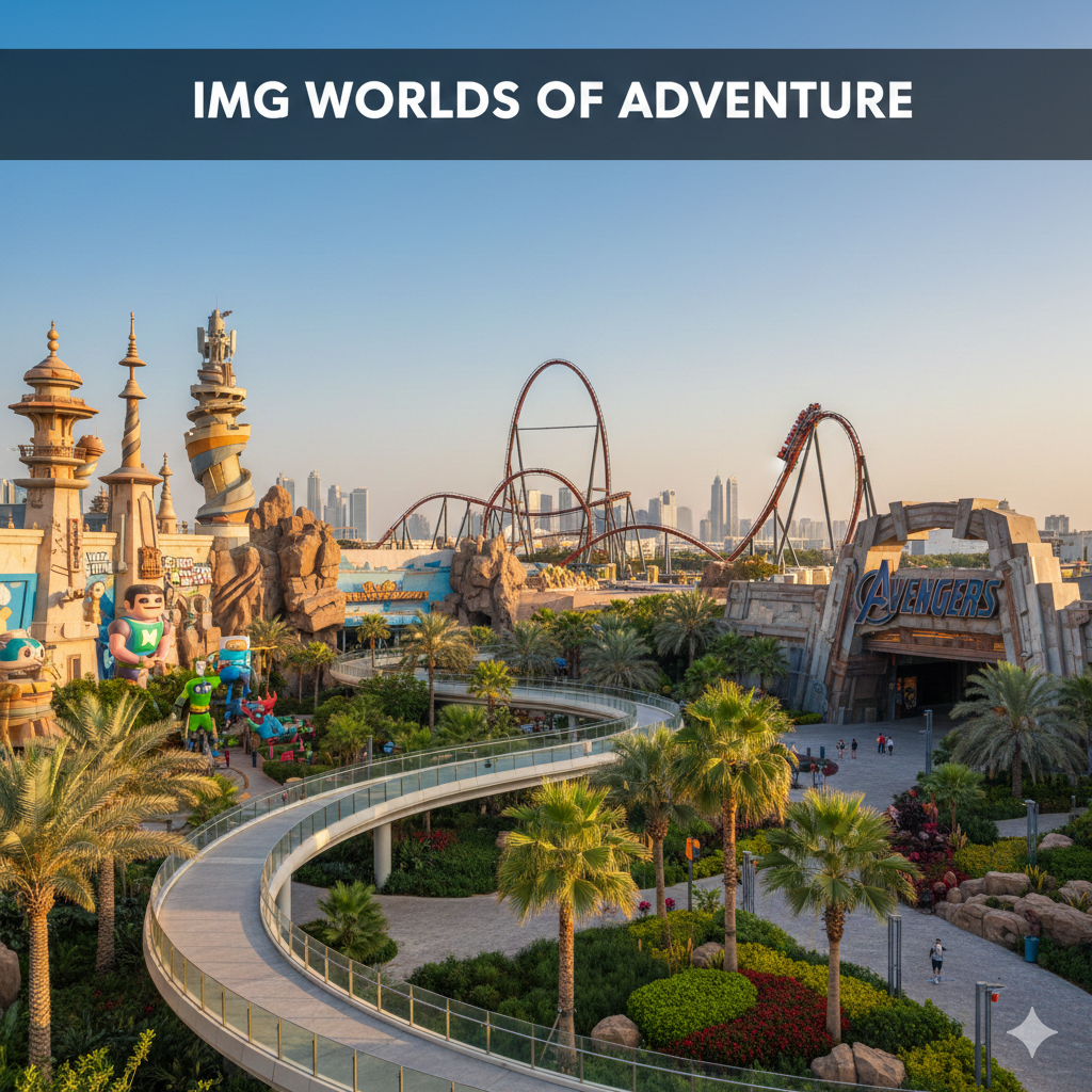 IMG Worlds of Adventure indoor theme park Dubai with Marvel and Cartoon Network zones in cinematic daylight view