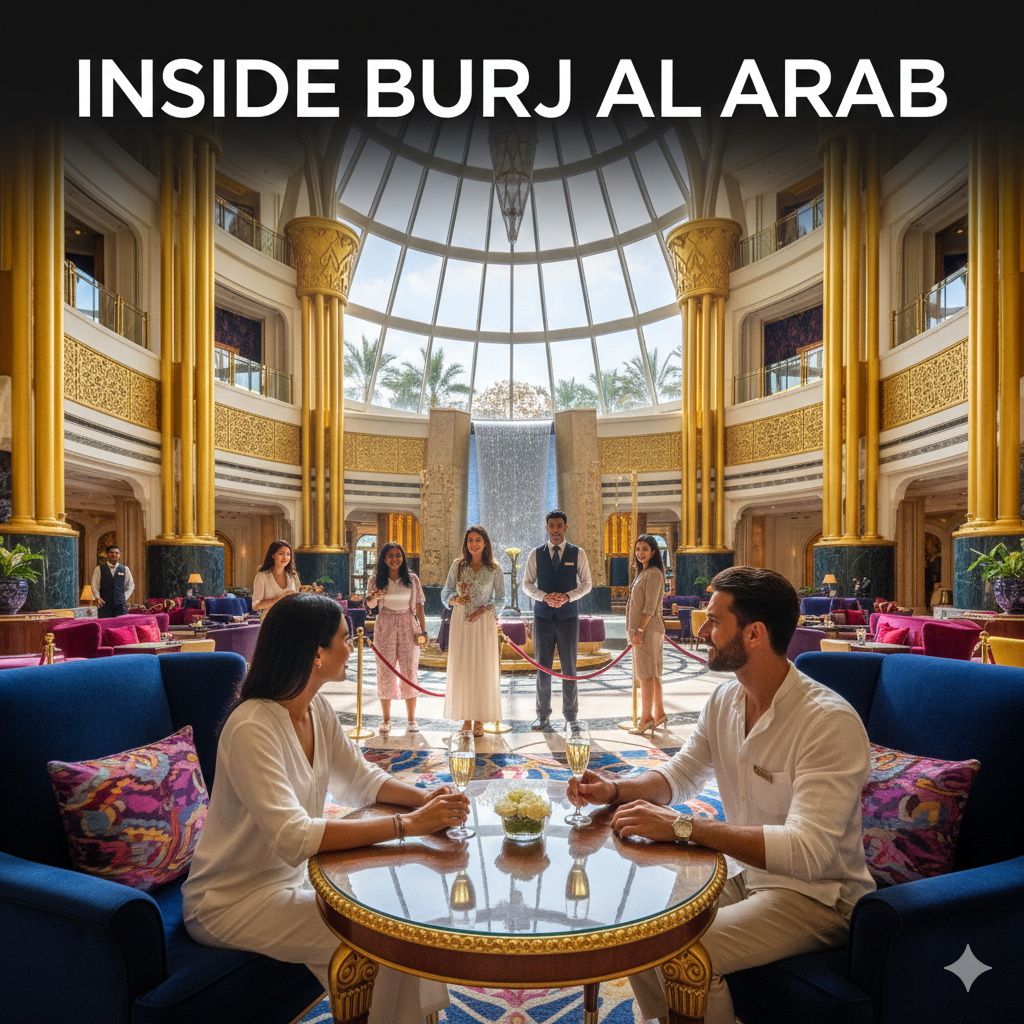 Inside Burj Al Arab guided tour with beverage package showcasing luxurious interiors, grand atrium, and iconic sail-shaped architecture in Dubai