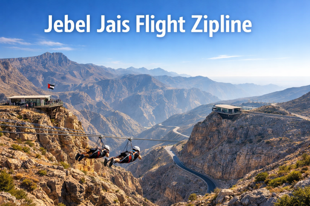 Jebel Jais Flight Zipline soaring over the rugged Hajar Mountains in Ras Al Khaimah, showing riders flying across deep canyons at the world’s longest zipline under bright daylight.