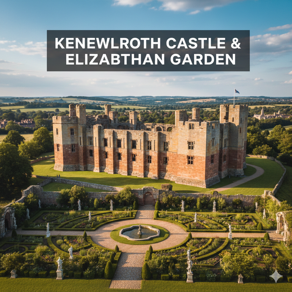 Kenilworth Castle ruins with the restored Elizabethan Garden in Warwickshire, England, showcasing medieval stone walls, Tudor architecture, and landscaped gardens under a clear sky.