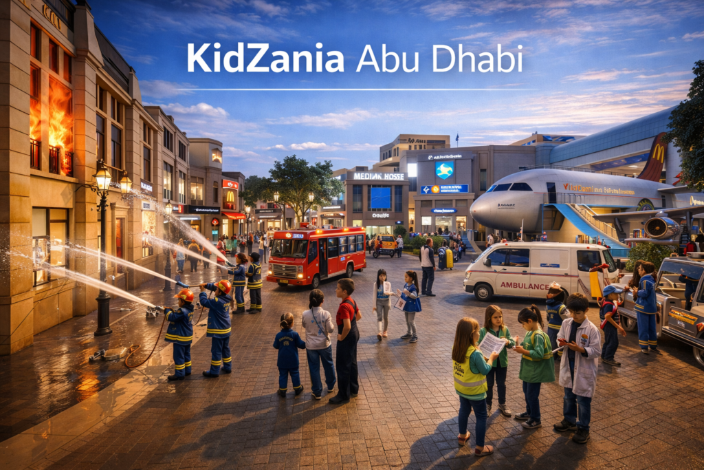 KidZania Abu Dhabi indoor city for children featuring colorful streets, miniature buildings, role play activities, and a vibrant educational environment under bright lighting