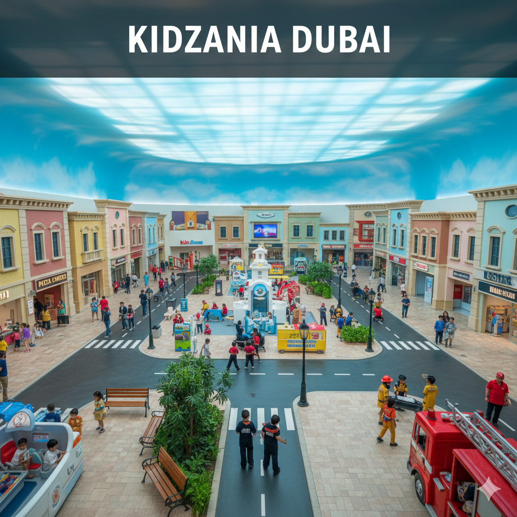 Kidzania Dubai indoor edutainment city with children role-playing real-world professions, interactive learning, and fun activities in a safe environment