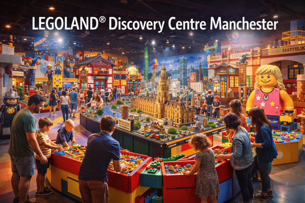Families exploring interactive LEGO builds and MINILAND at LEGOLAND Discovery Centre Manchester, featuring colourful displays, city landmarks made from LEGO, and a lively indoor play environment.