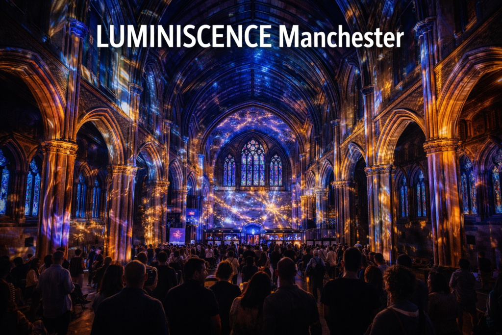 Immersive light and sound experience inside a historic venue in Manchester, showcasing LUMINISCENCE Manchester with cinematic projections, Gothic architecture, and a captivated audience.