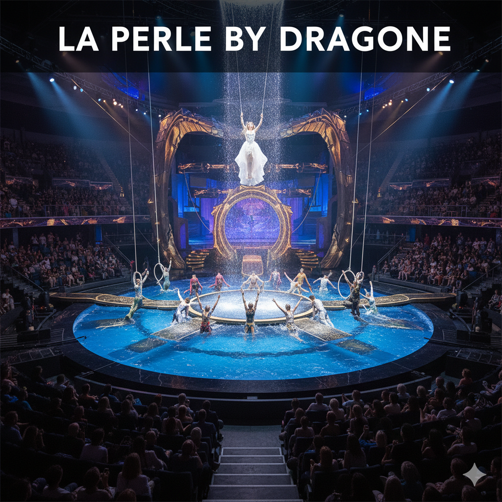La Perle by Dragone Dubai live show featuring water acrobatics, aerial stunts, and immersive aqua stage inside Al Habtoor City theater