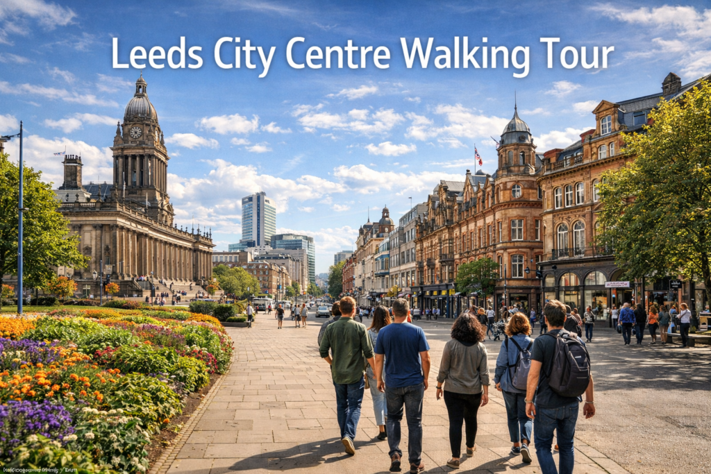 Leeds City Centre Walking Tour with visitors exploring historic streets, Leeds Town Hall, modern city skyline, and vibrant public spaces under bright natural daylight