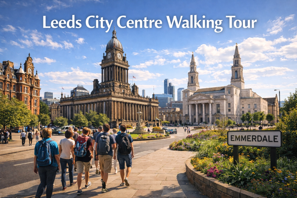 Leeds City Centre Walking Tour with Victorian arcades, modern skyline, historic streets, and River Aire under bright daylight