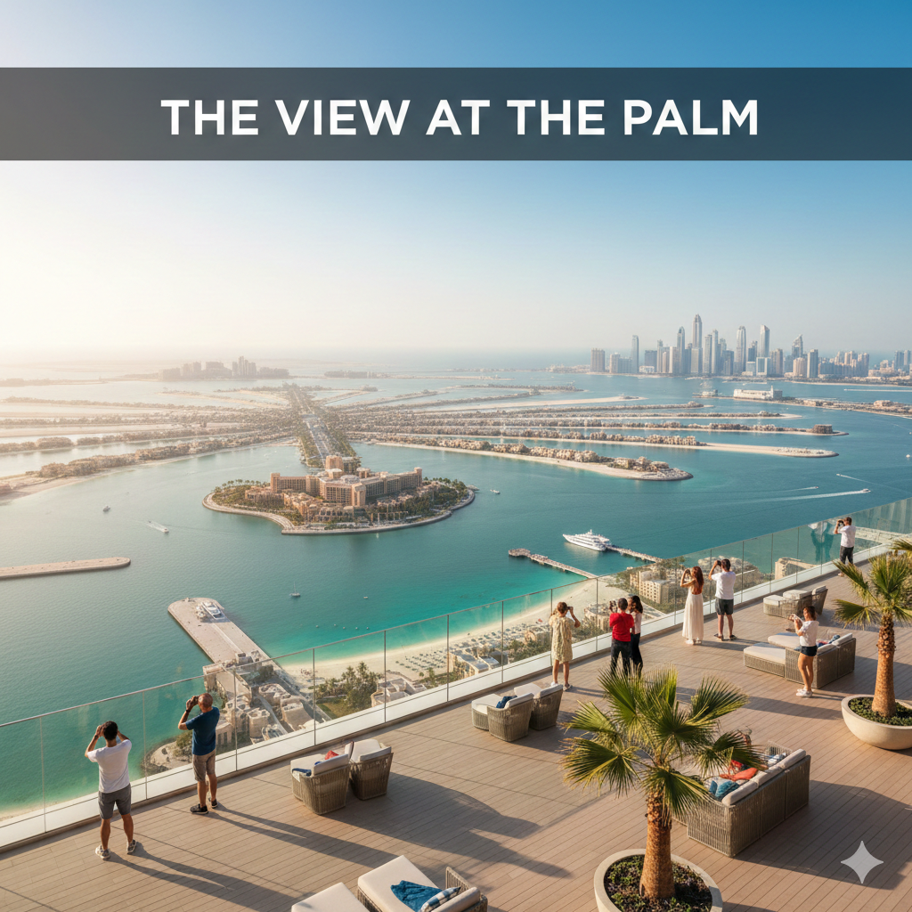 Panoramic high-angle view of Palm Jumeirah from Level 54 observation deck at The View at The Palm Dubai, featuring tourists on a terrace overlooking the Arabian Gulf and Dubai Marina skyline in bright daylight.