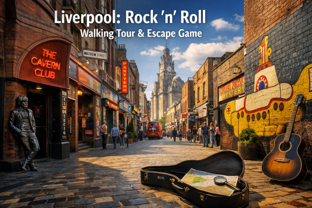 Liverpool Rock n Roll Walking Tour and Escape Game experience featuring The Cavern Club Mathew Street Albert Dock and Beatles landmarks in the city centre